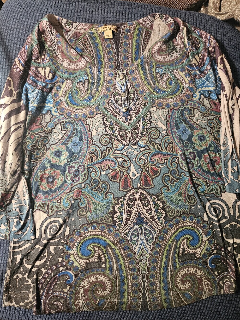 Energe Womens 1X Purple Blue Paisley V-Neck 3/4 Sleeve Rhinestone Tunic Top